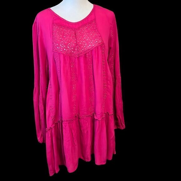 NWT Adiva bright pink LS mini dress or tunic keyhole flowy flouncy ruffles lace - Picture 2 of 16